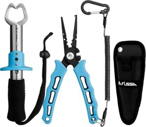 FLISSA 7-1/2 Inch Fishing Pliers, 420 Stainless Steel Fish Pliers, Corrosion Resistant Fishing Pliers Hook Remover, Split Ring Pliers for Fishing with Braid Cutters, Sheath and Lanyard